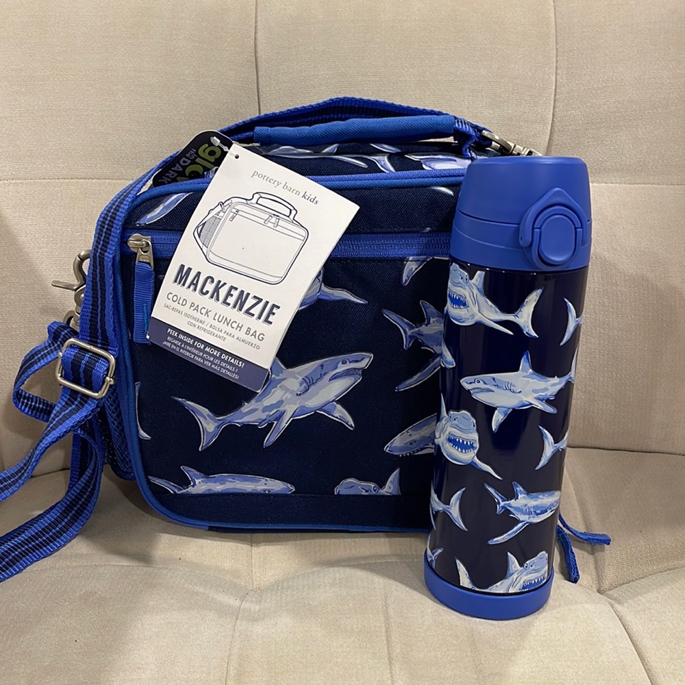 Pottery Barn shark lunchbox and large water bottle NWT